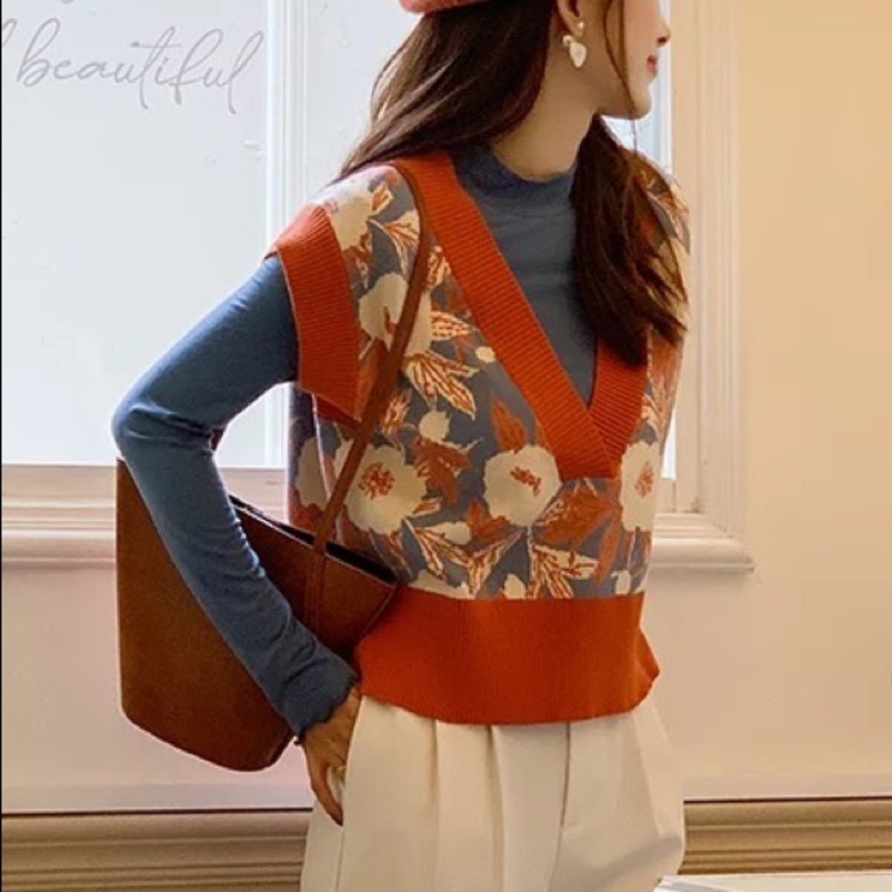 Floral know vest sweater too v-neck high low knit vintage soft orange - Picture 12 of 14